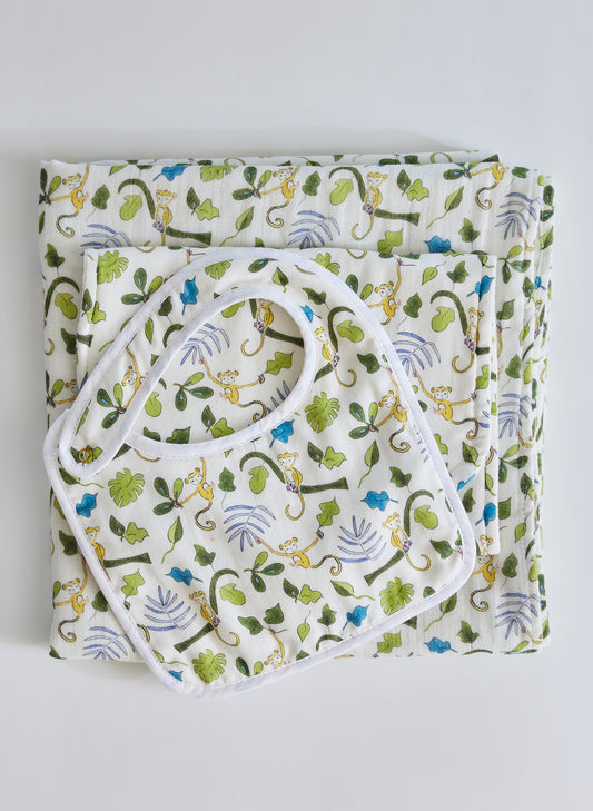 Tummytime Bib & Shawl Blanket Set - Happy Monkey