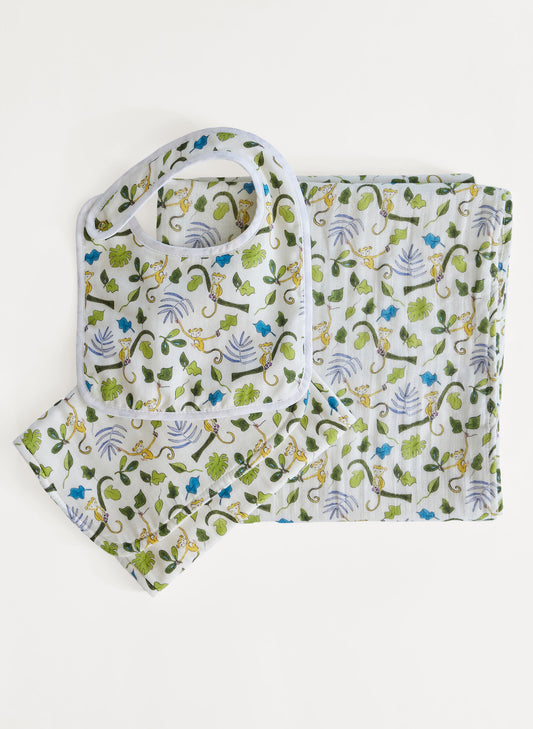 Oh Baby! Shawl Blanket, Bib & Burp Set - Happy Monkey