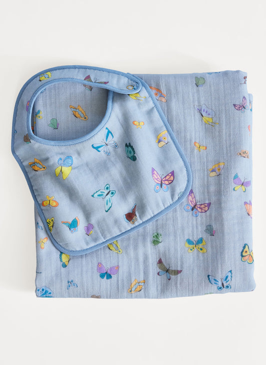 Tummytime Bib & Shawl Blanket Set - Blue Madame Butterfly