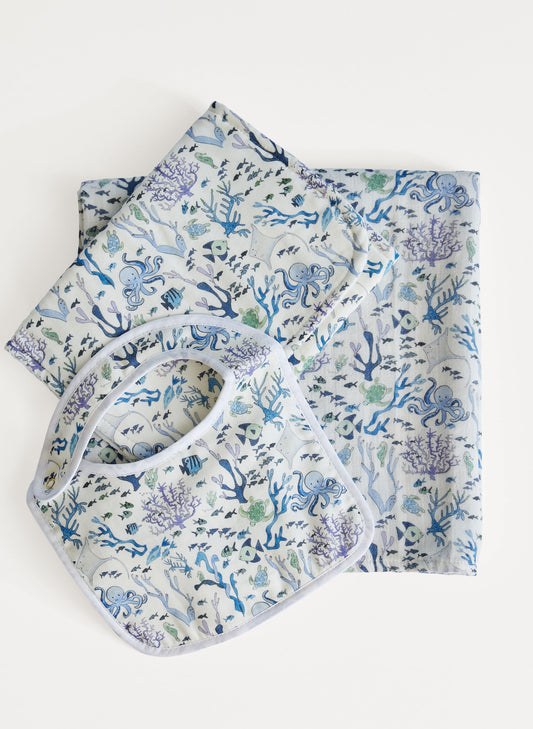 Oh Baby! Shawl Blanket, Bib & Burp Set - Coral Reef
