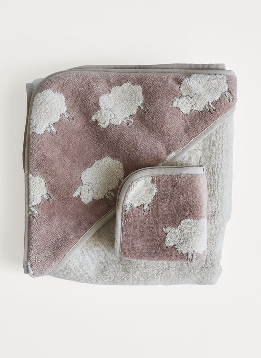 Sweet Sheep Jacquard Hooded Towel and Washcloth Set