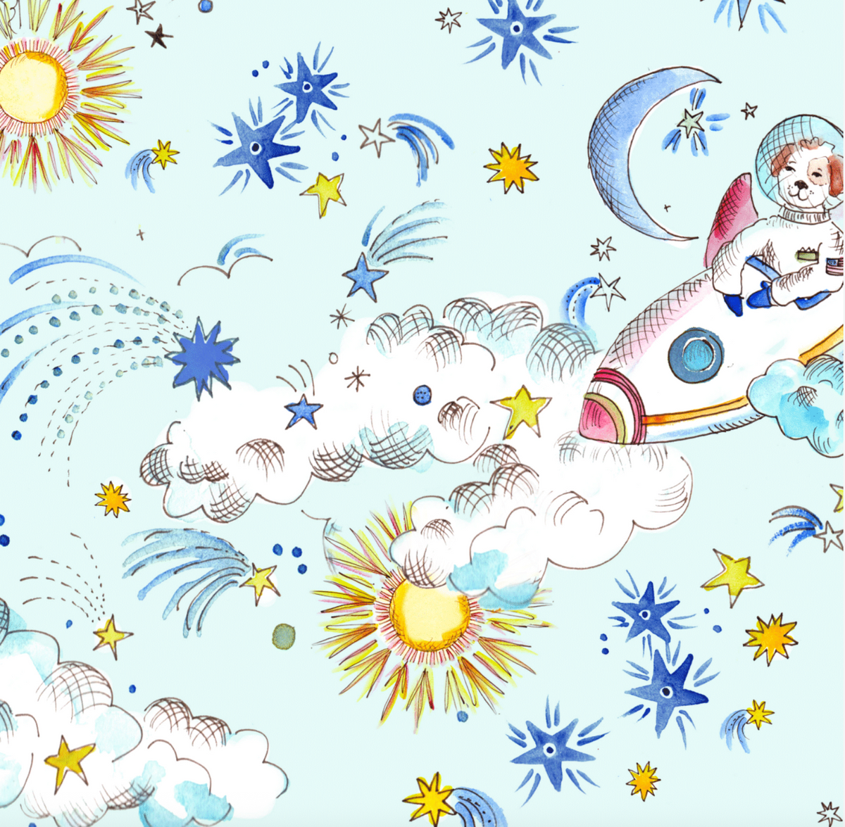 A repeating seamless pattern illustration featuring a cute cartoon dog astronaut flying in a pink and white rocket ship, surrounded by stars, shooting stars, suns, and clouds on a light blue background.