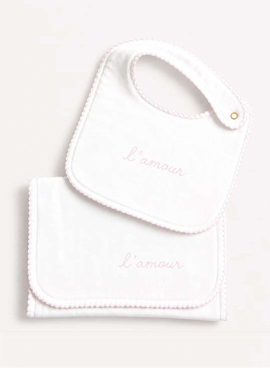 Bib & Burp Cloth Set - Embroidered Pink "L'Amour"