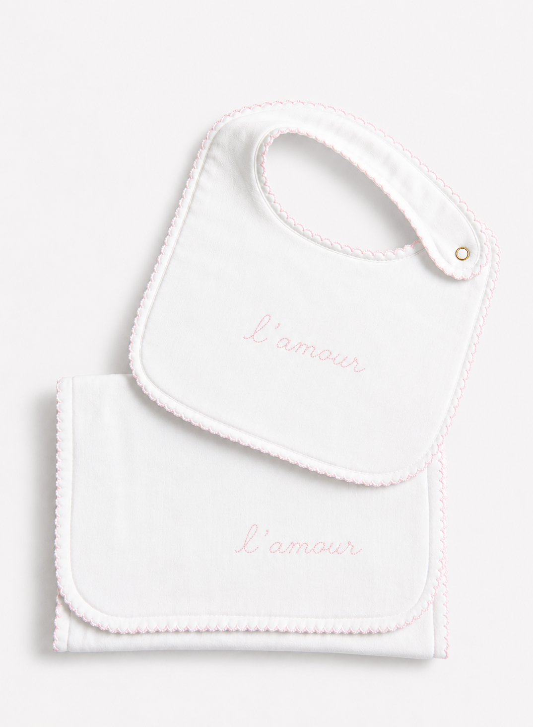 Bib & Burp Cloth Set - Embroidered Pink "L'Amour"