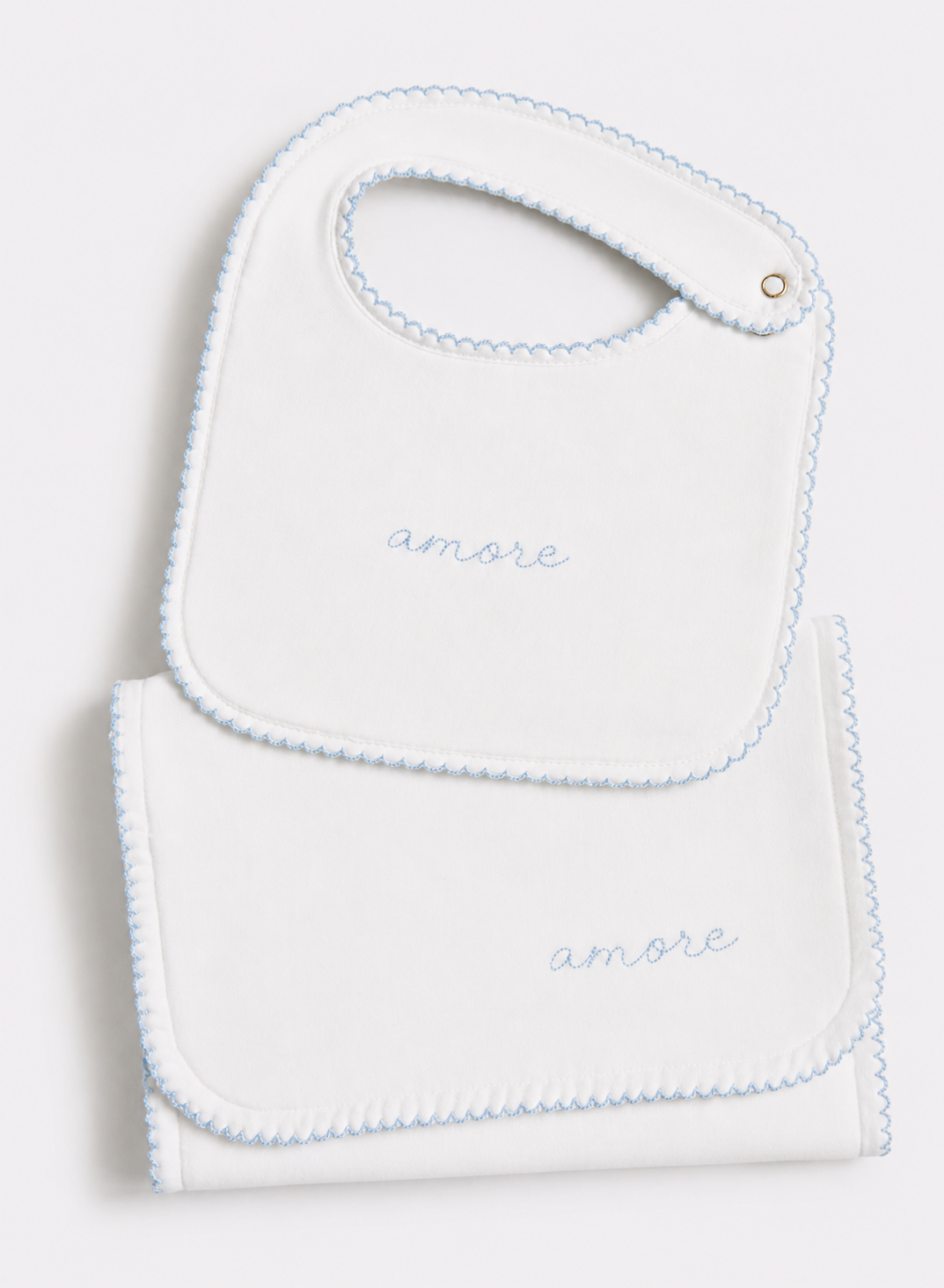Bib & Burp Cloth Set - Embroidered Blue "Amore"