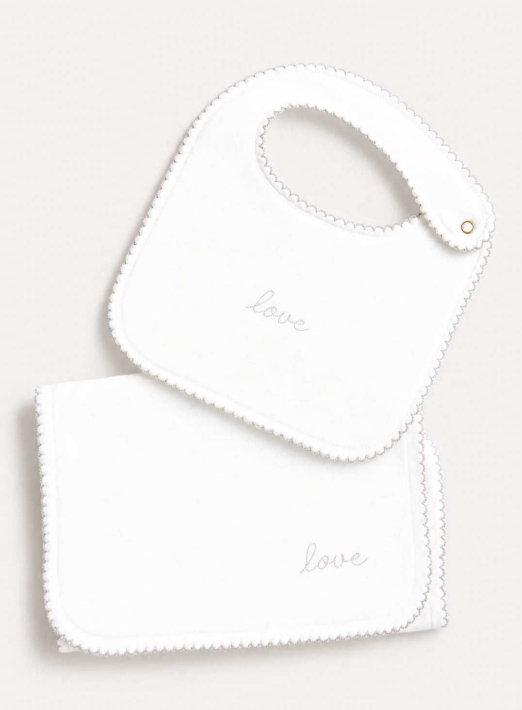 Baby Bib & Burp Cloth Set - Embroidered "Love"