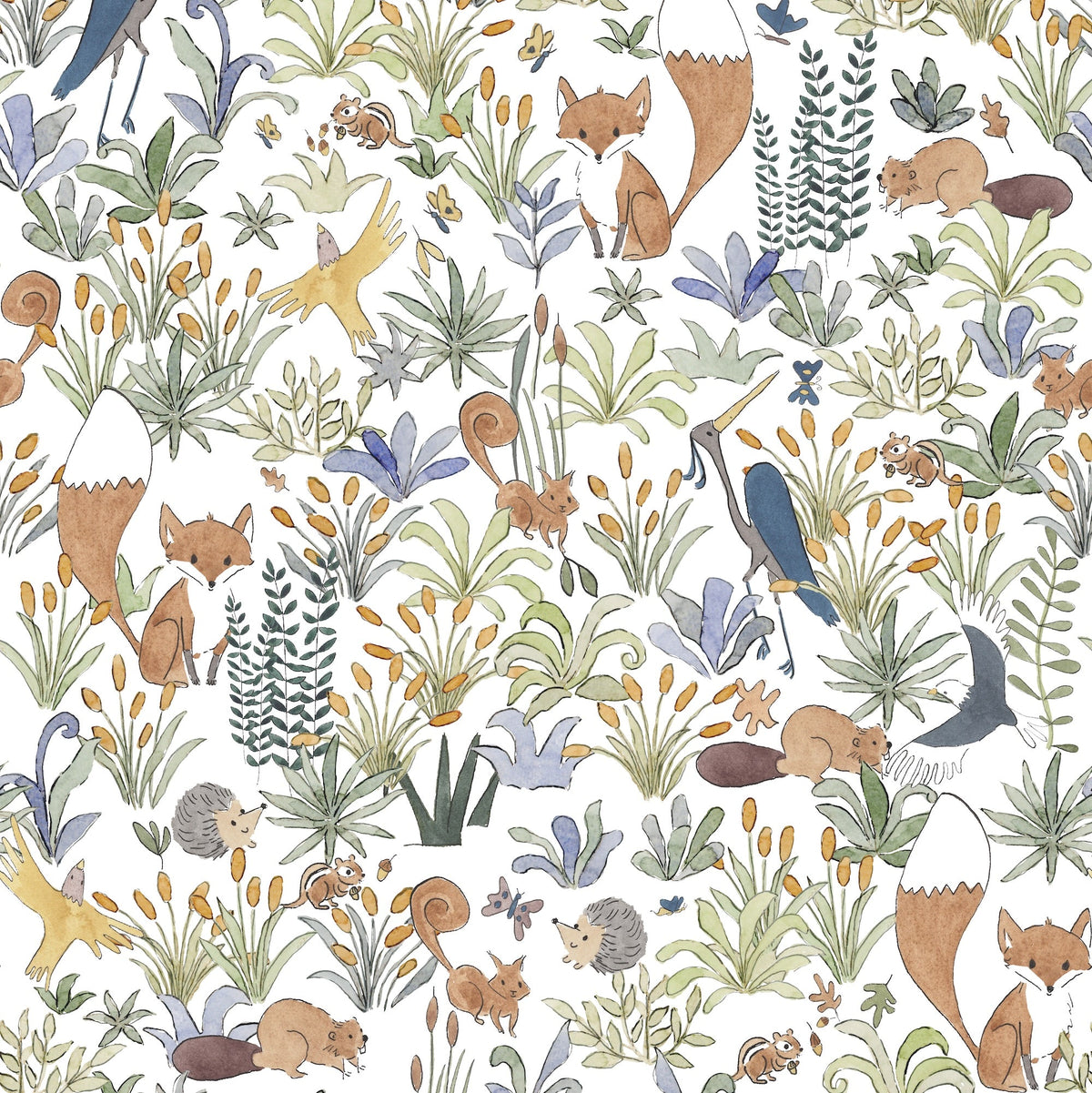 Pattern of forest animals and plants on a white background