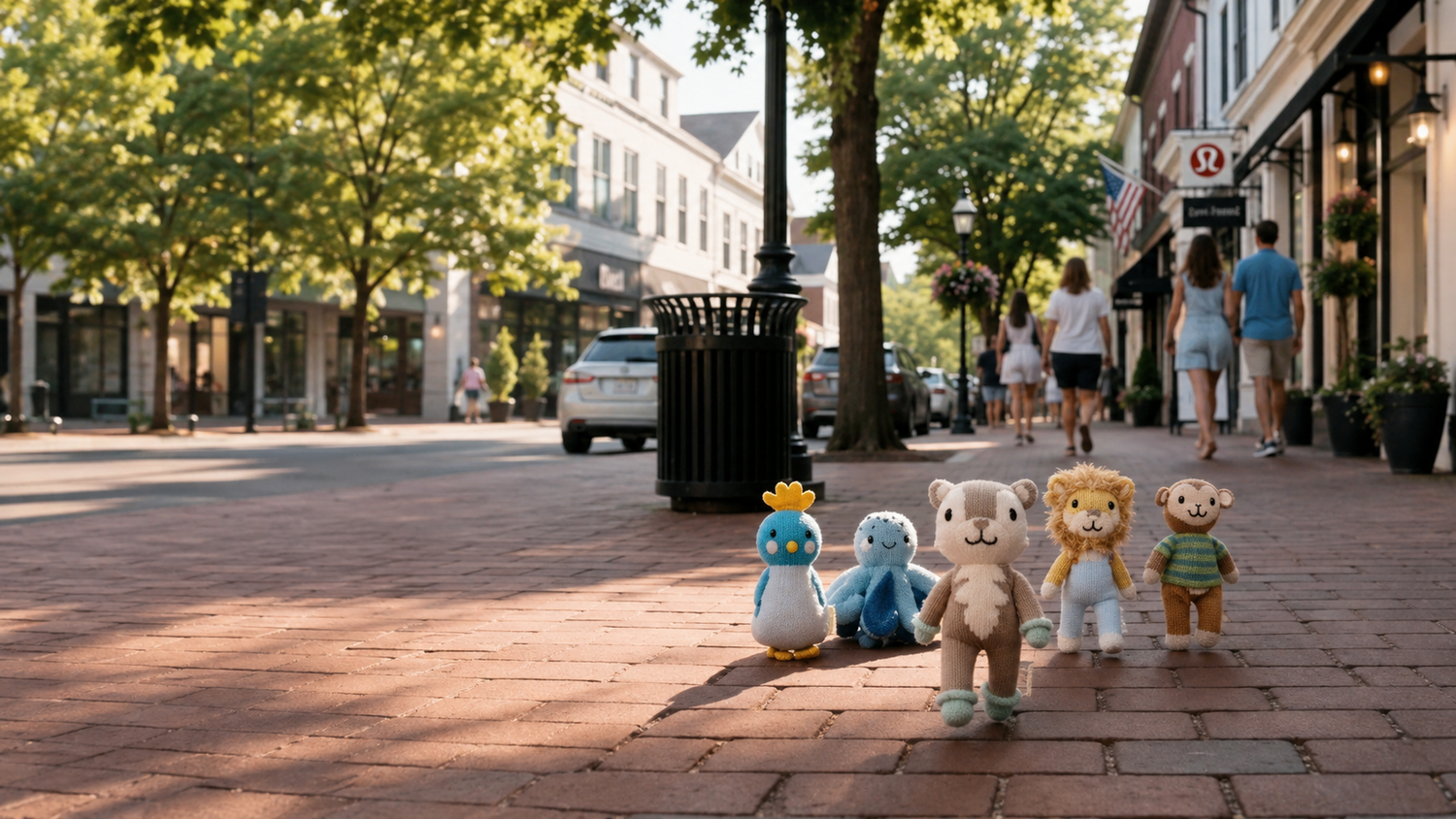 A group of small plush stuffed animals stands on a brick sidewalk in a real outdoor town street, with trees, storefronts, and walking people in the background.