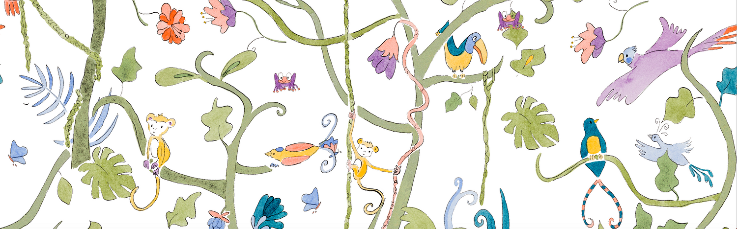 Whimsical jungle-themed illustration featuring playful monkeys, colorful birds, butterflies, and tropical leaves on a white background.