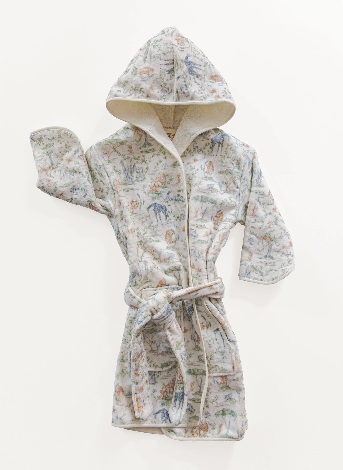 Children's hooded bathrobe with a multicolored animal print and white bias trim, displayed on a white background.