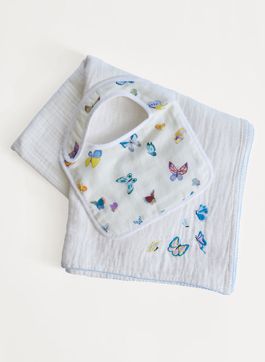 Heirloom Embroidered Shawl Blanket & Bib Set-Madame Butterfly