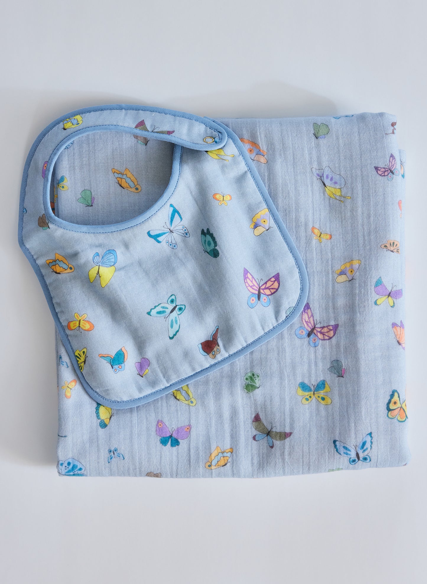 Blue Madame Butterfly Shawl Blanket and Bib Set