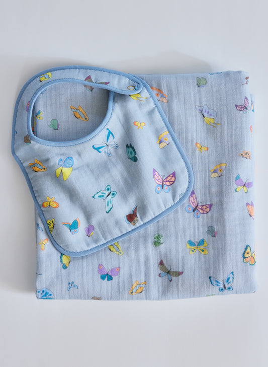Blue Madame Butterfly Shawl Blanket and Bib Set