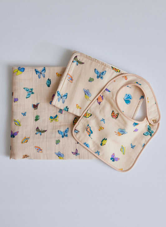 Blush Peach Madame Butterfly Shawl Blanket, Bib and Burp Cloth Bundle Set
