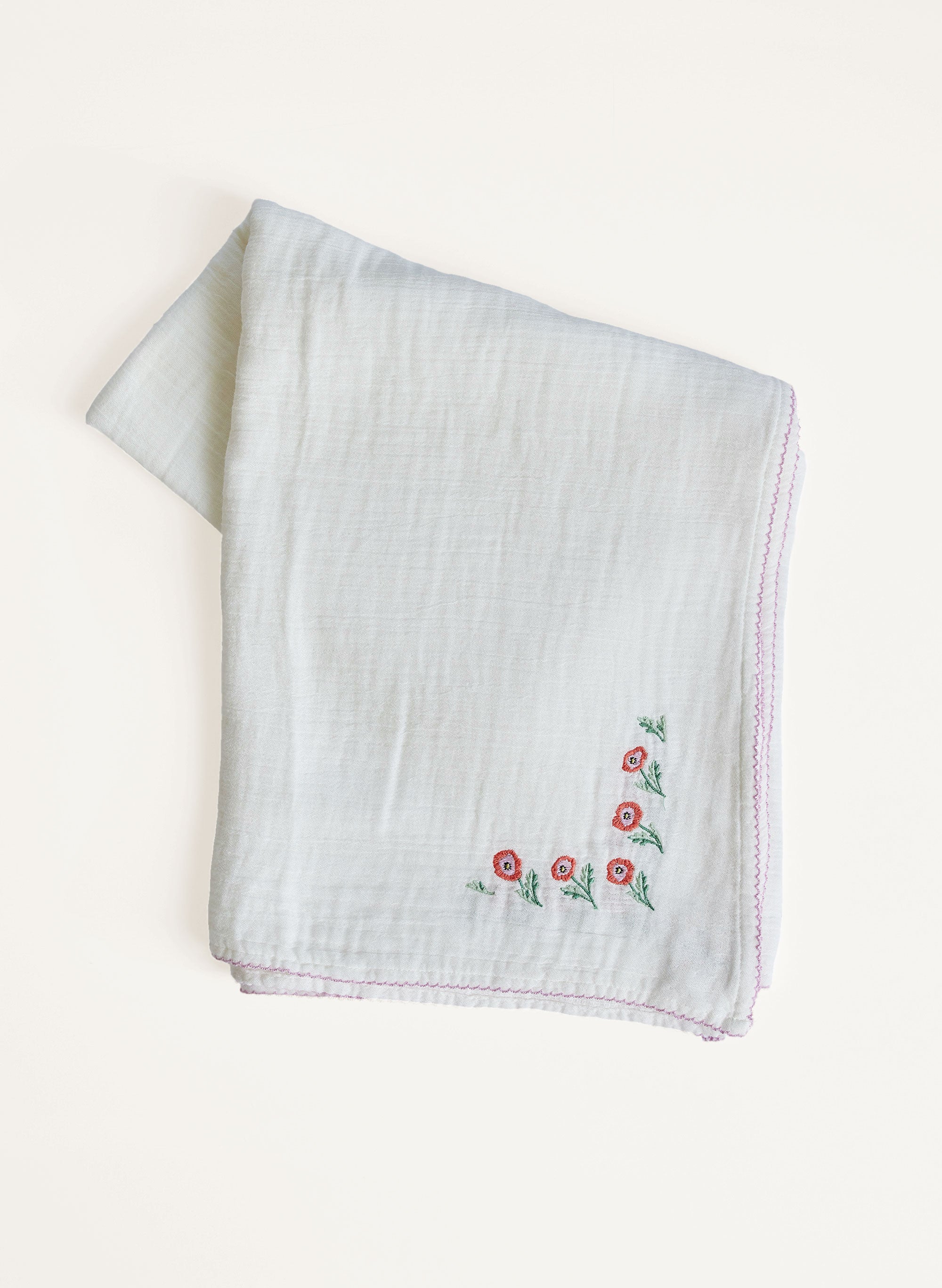 Organic Cotton Shawl Blanket - Poppy Embroidered