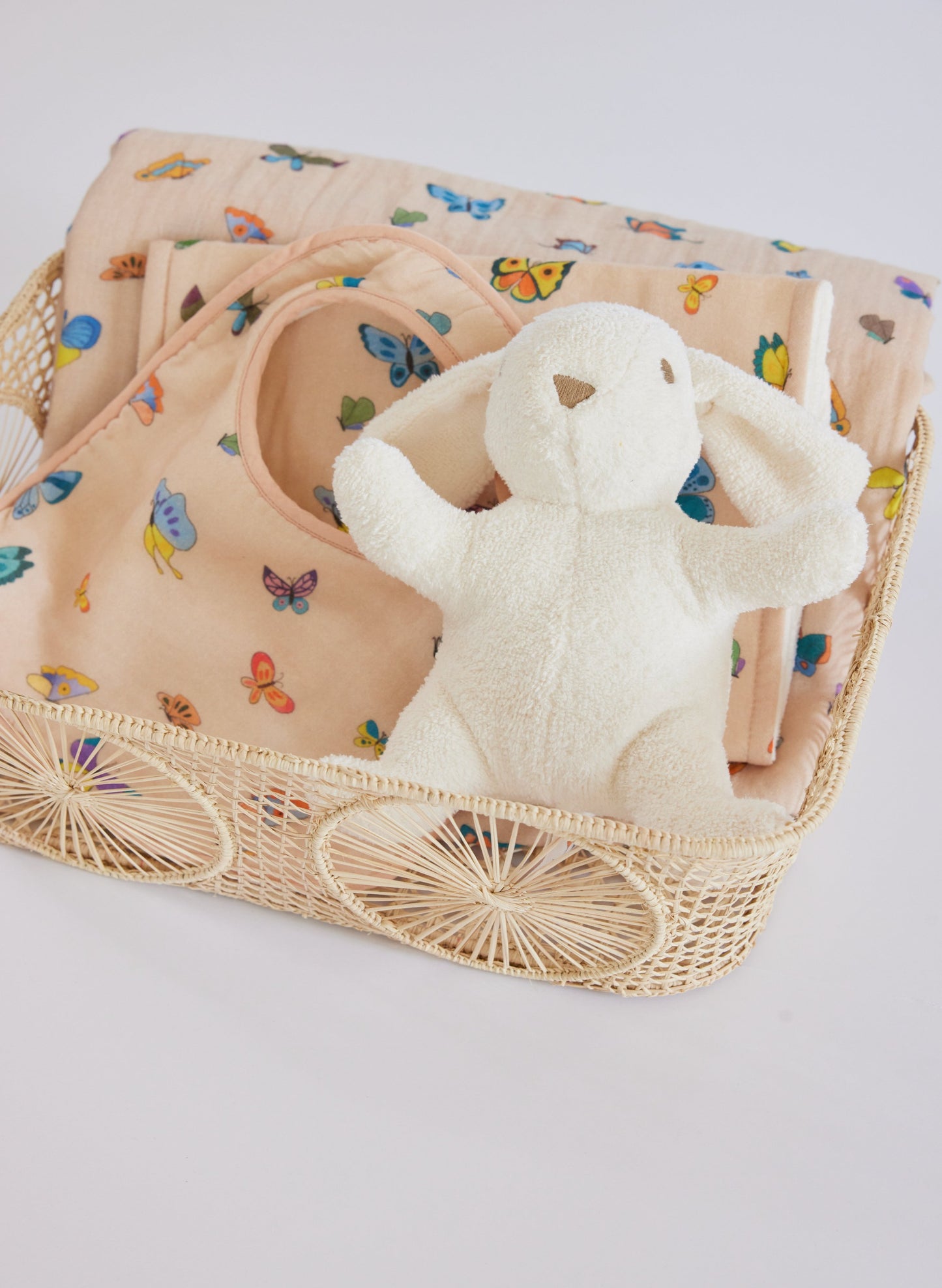 Blush Peach Madame Butterfly Shawl Blanket, Bib, Burp Cloth and Bunny Gift Basket