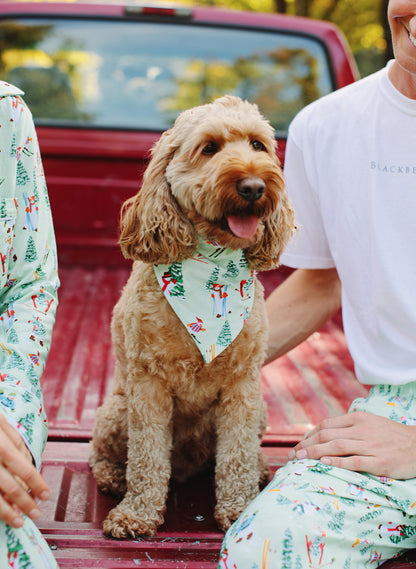 A golden doodle dog wearing a festive green bandana with a Christmas tree and Santa pattern sits in the bed of a red pickup truck. Two people wearing matching green holiday-themed pajamas are partially visible on either side of the dog.