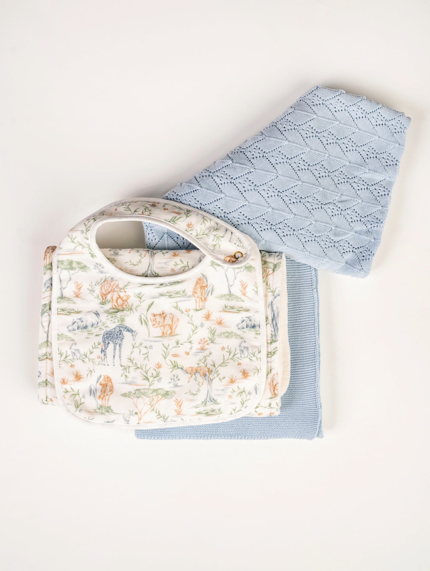 Sweet Savanna Bib and Burp set and Blue Wonder Blanket