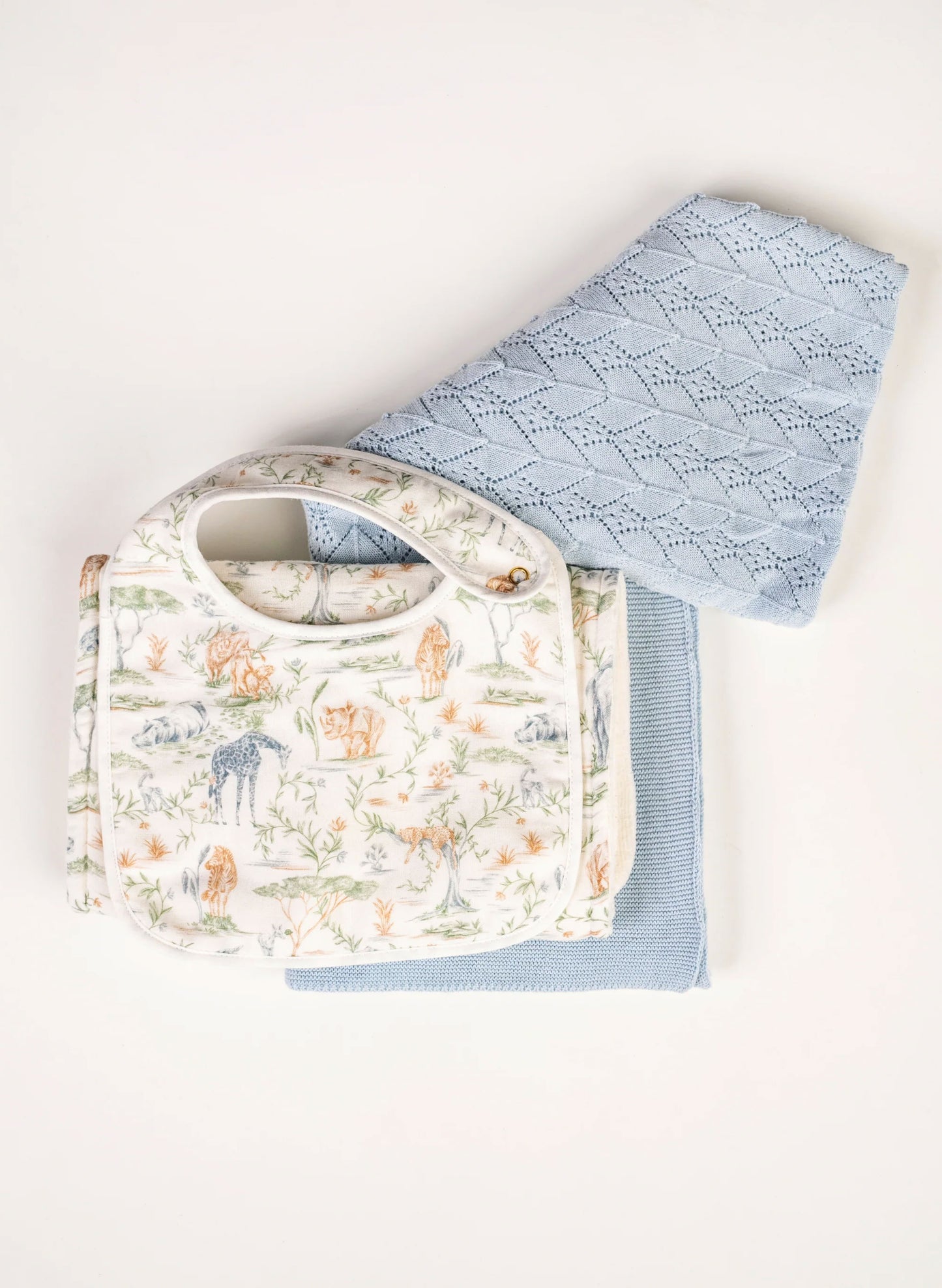 Sweet Savanna Bib and Burp Set and Blue Wonder Blanket