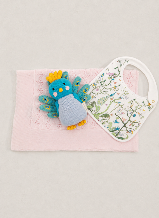 A baby gift set featuring a pink textured blanket, a white patterned bib with colorful bird illustrations, and a blue and yellow plush peacock toy, arranged on a neutral light gray background.