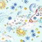 A repeating seamless pattern illustration featuring a cute cartoon dog astronaut flying in a pink and white rocket ship, surrounded by stars, shooting stars, suns, and clouds on a light blue background.