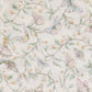 A close-up of a fabric or wallpaper pattern featuring delicate pastel butterflies in pink, lavender, and blue, interspersed with soft green leaves and thin stems on an off-white background.