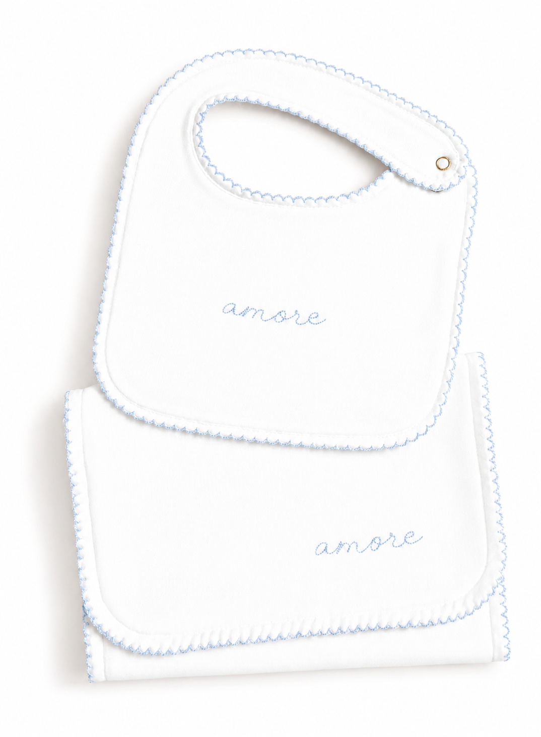 Two white baby bibs with light blue scalloped edges and the word 'amore' embroidered in light blue script, shown on a white background.