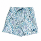 A pair of kids' shorts featuring an all-over blue and purple underwater coral print on a white background, with a dark blue elastic waistband.
