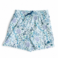 A pair of women's shorts featuring an all-over underwater coral and sea plant print in shades of blue, purple, and teal on a white background, complete with an elastic waistband and a small blue bow detail.