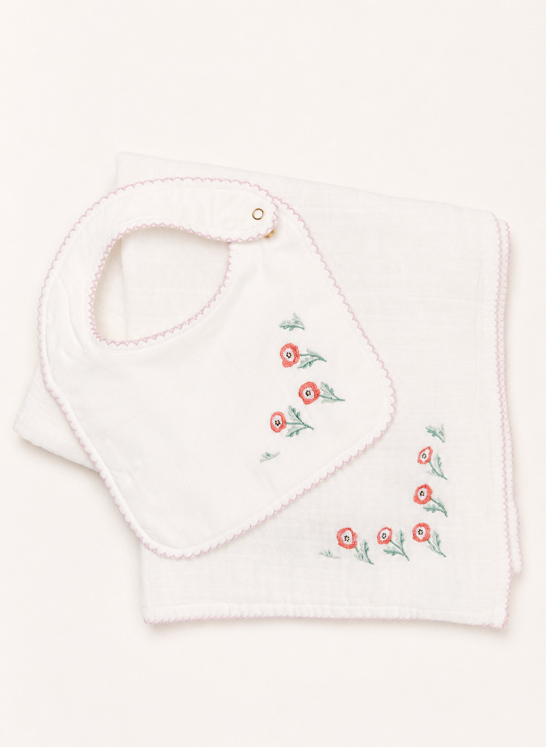 Baby Bib and Shawl Blanket - Embroidered Poppy