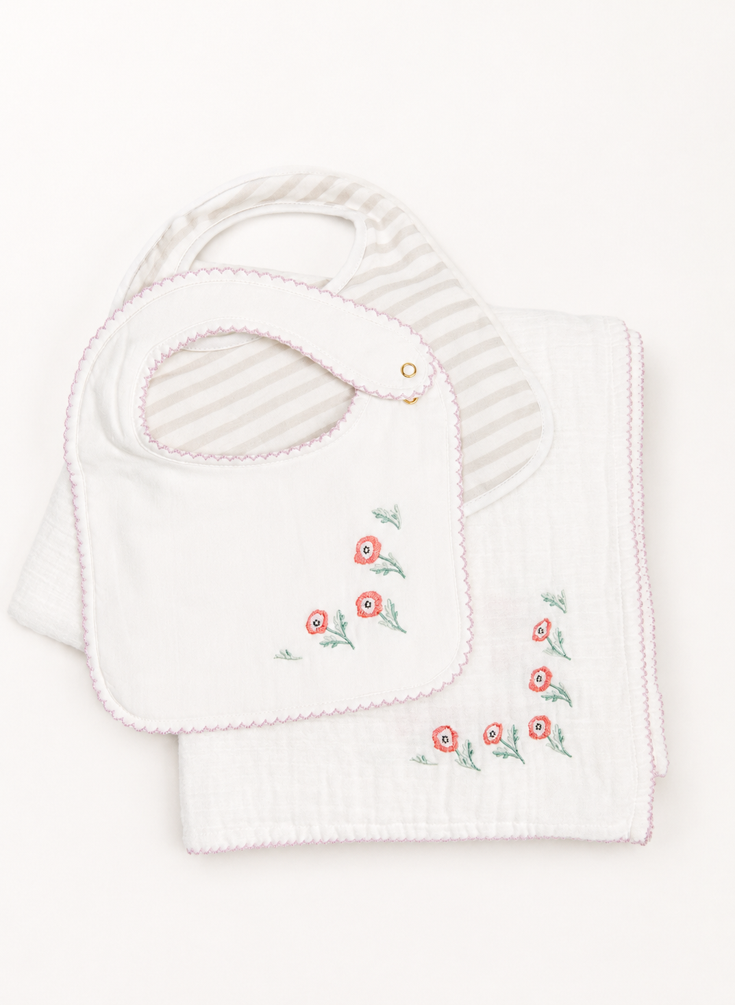 Baby Bibs & Shawl Blanket Set - Poppy Embroidered and Sand Striped