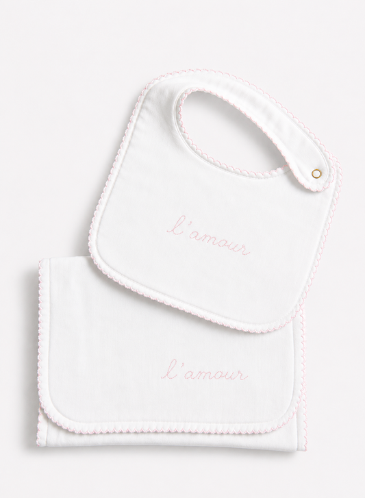 Bib & Burp Cloth Set - Embroidered L'Amour Pink