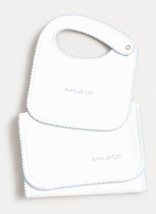 Bib & Burp Cloth Set - Embroidered Blue "Amore"