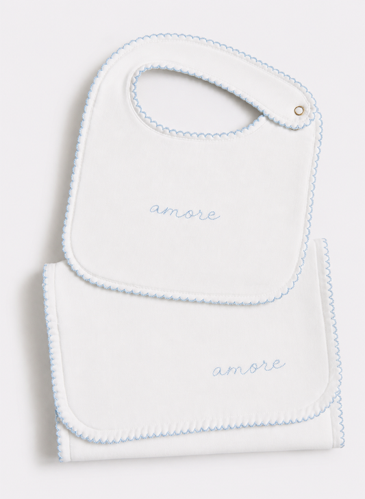 Bib & Burp Cloth Set - Embroidered Blue Amore