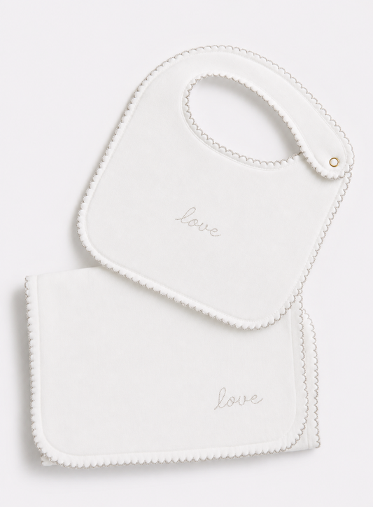 Bib & Burp Cloth Set - Embroidered Love White Sand