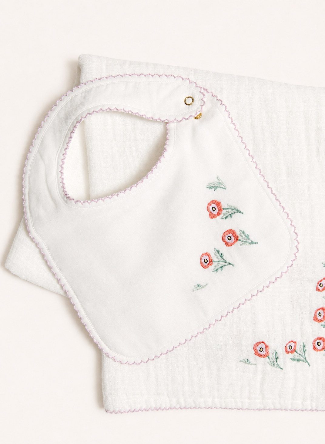 Baby Bib and Shawl Blanket - Embroidered Poppy