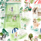 A watercolor-style illustrated pattern featuring dogs playing and relaxing at a tennis court, with umbrellas, chairs, plants, and a gazebo on a white background.