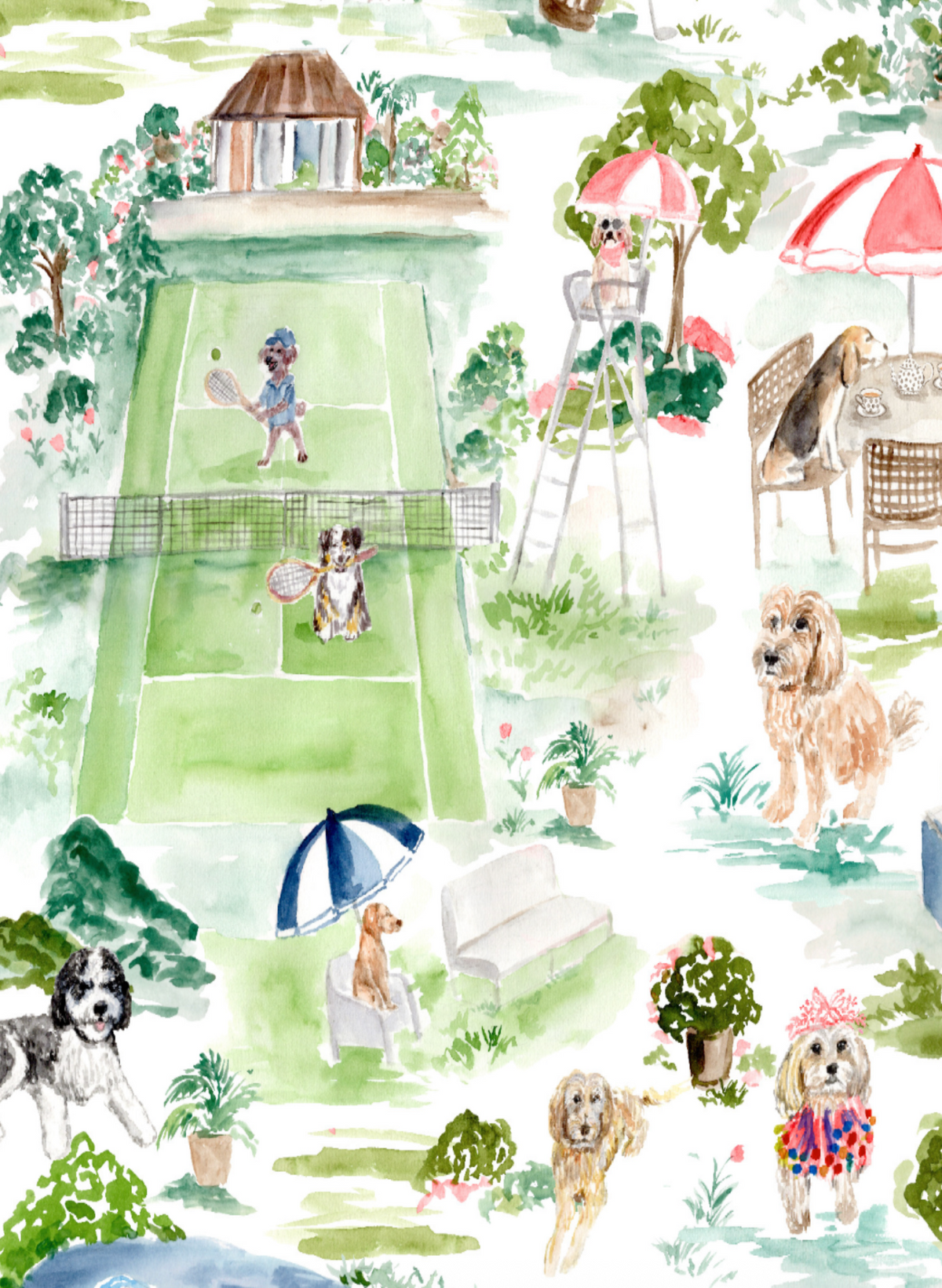 A watercolor-style illustrated pattern featuring dogs playing and relaxing at a tennis court, with umbrellas, chairs, plants, and a gazebo on a white background.