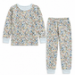 A two-piece children's pajama set featuring a long-sleeve top and matching pants with an all-over multicolor nature print of birds, flowers, and insects on a light background, finished with solid light blue ribbed cuffs and collar.