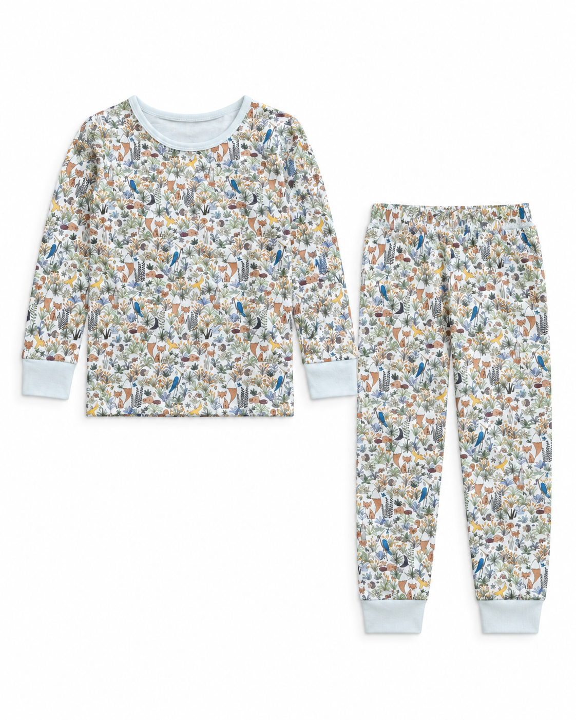 A two-piece children's pajama set featuring a long-sleeve top and matching pants with an all-over multicolor nature print of birds, flowers, and insects on a light background, finished with solid light blue ribbed cuffs and collar.