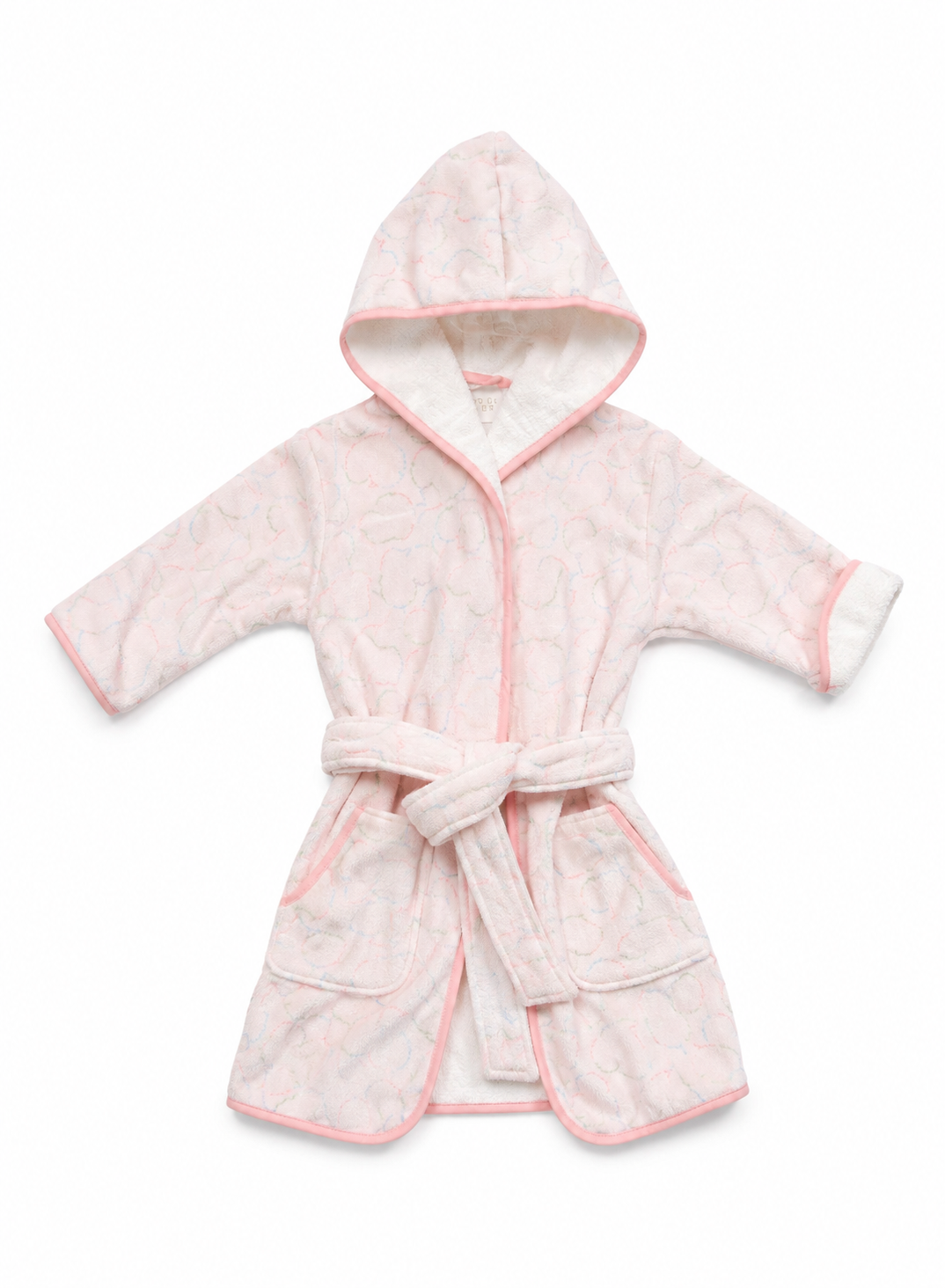 A light pink hooded bathrobe with a matching tie belt, featuring a subtle tonal pattern and contrasting pink trim, shown against a plain white background.