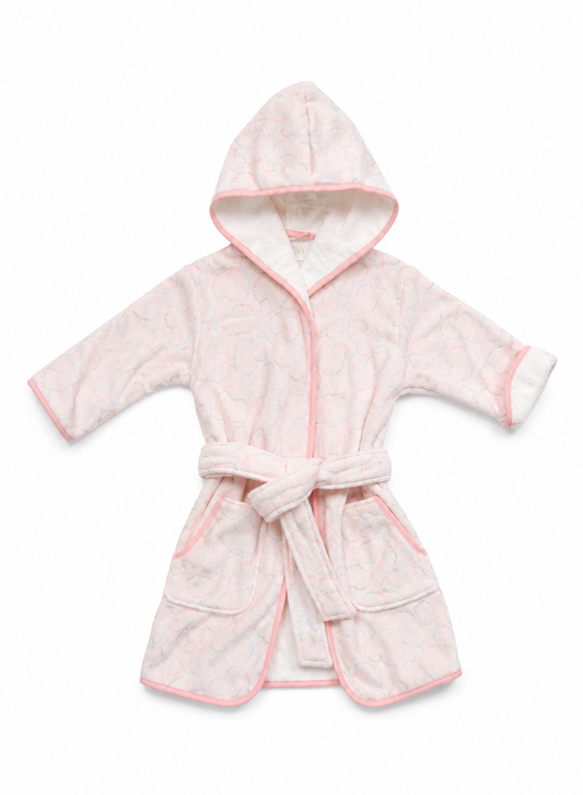 A light pink hooded bathrobe with a matching tie belt, featuring a subtle tonal pattern and contrasting pink trim, shown against a plain white background.