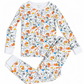 A two-piece kids' pajama set featuring a long-sleeve top and matching pants, both printed with a colorful soccer-themed pattern on a white background.