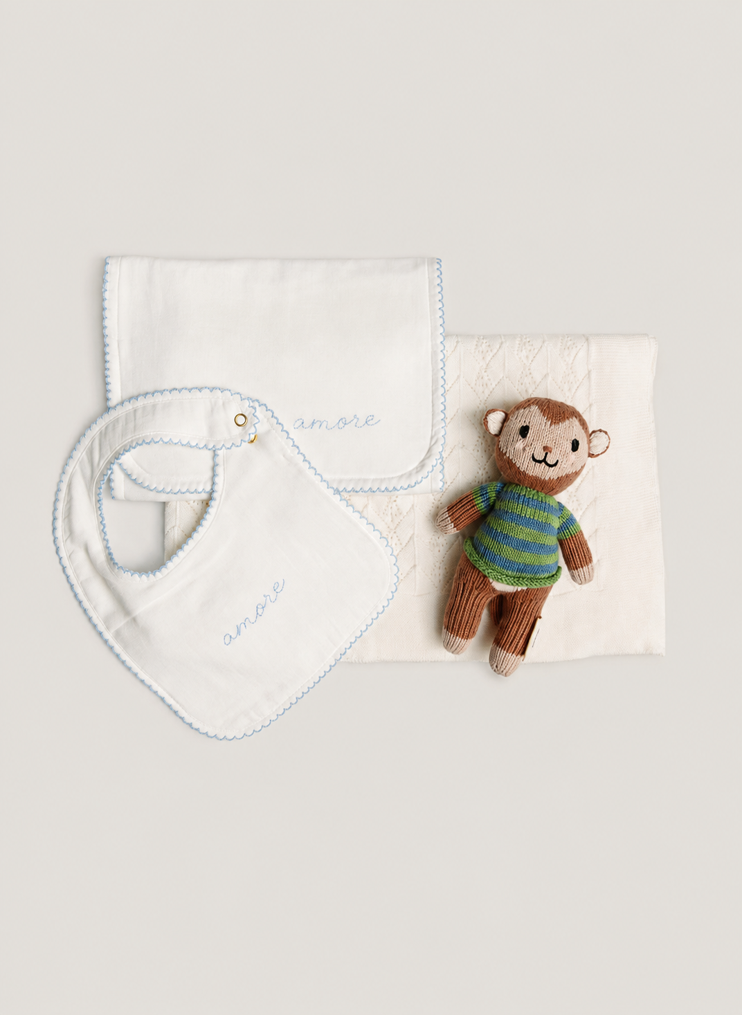 Happy Monkey Doll and Baby Blanket, Love Language Bib and Burp Cloth set