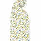 A white scarf with a dense, repeating botanical pattern of green leaves, blue flowers, and yellow-orange vines, shown on a solid white background.