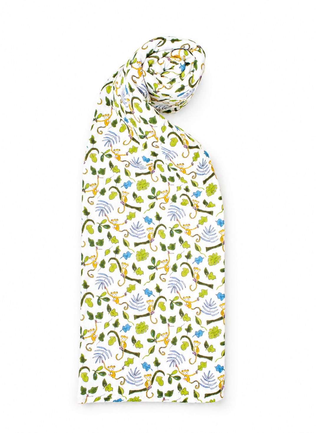 A white scarf with a dense, repeating botanical pattern of green leaves, blue flowers, and yellow-orange vines, shown on a solid white background.