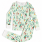 A two-piece children's pajama set from the brand Pajera, featuring a long-sleeve top and matching pants in a light mint green color with a colorful winter ski and Christmas tree pattern. The cuffs and collar are solid white.