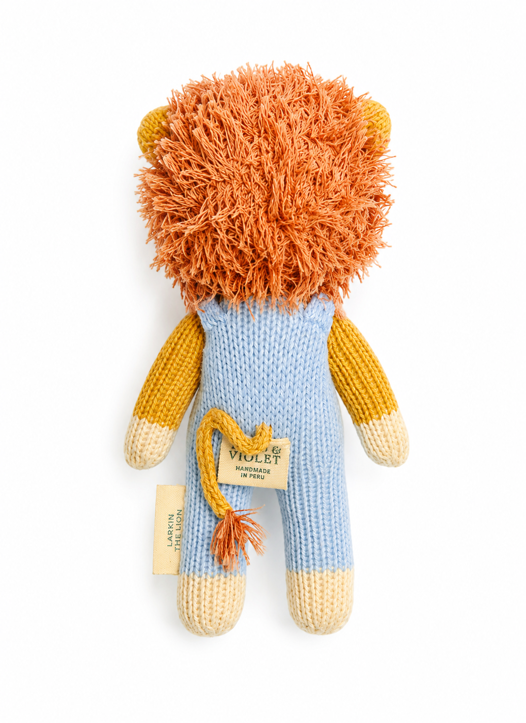 A handmade knitted lion doll by Vivlet, featuring a fluffy orange mane, yellow and cream arms and feet, and a light blue body, shown against a plain white background.