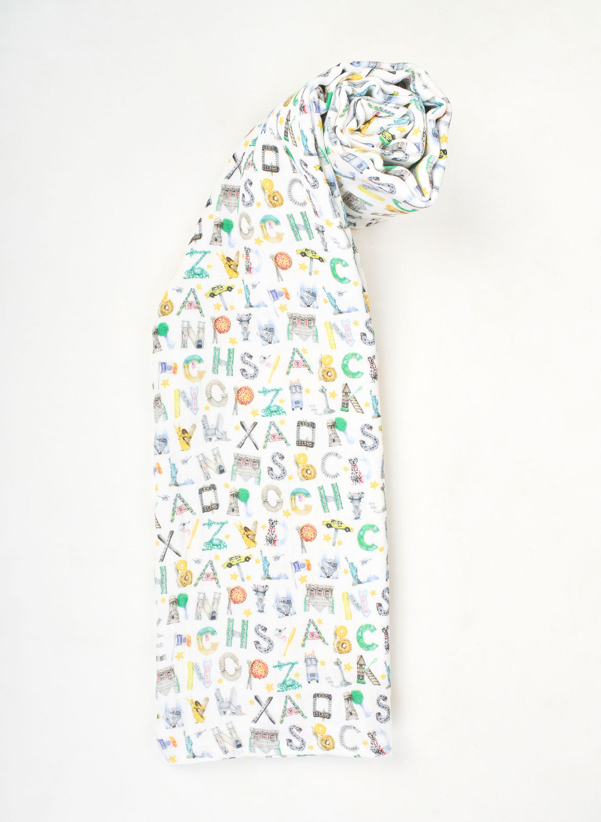 Organic cotton muslin shawl blanket, NYC Alphabet Soup