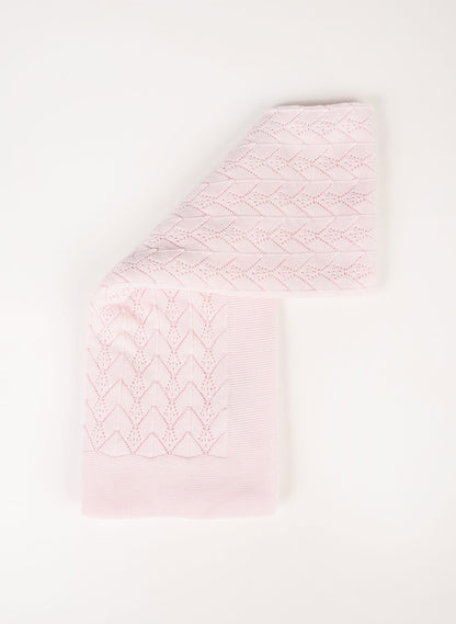 A light pink baby blanket with a textured, eyelet-knit chevron pattern, folded neatly on a clean white background.